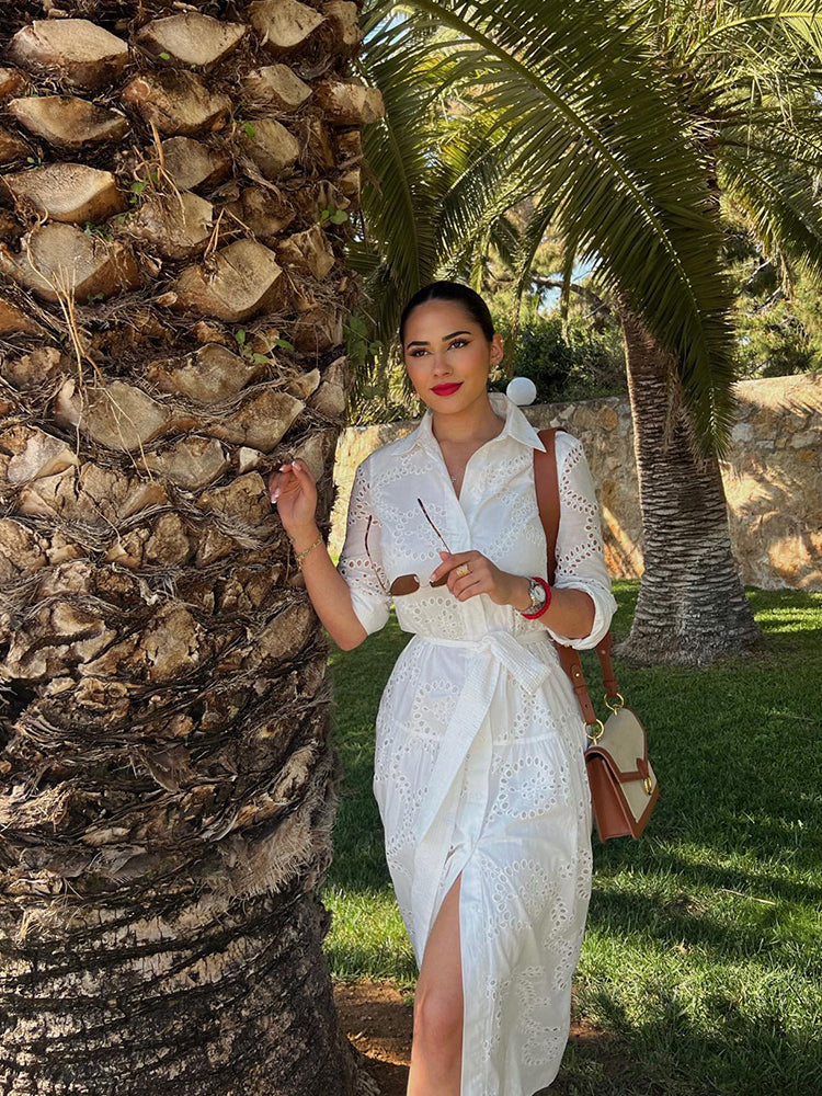 Robe d'été décontractée à manches longues en coton blanc