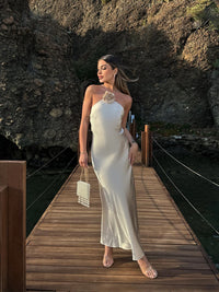 Long Backless Halter Neck Maxi Sundress in White Satin