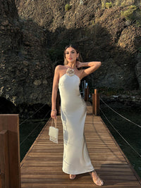 Long Backless Halter Neck Maxi Sundress in White Satin