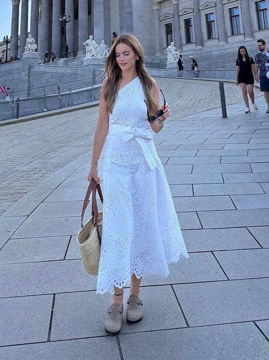 Casual Boho Maxi Dress in White Cotton with Embodied Detailing