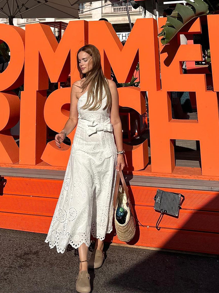 Casual Boho Maxi Dress in White Cotton with Embodied Detailing