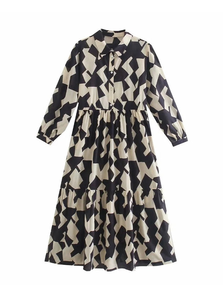 Geometric Print Black Shirt Dress Casual Elegant Autumn Winter Women's New Dress Vestidos Robe Femme Long Sleeve Dress