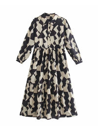 Geometrische print zwarte overhemdjurk casual elegante herfst winter dames nieuwe jurk vestidos robe femme lange mouw jurk