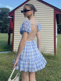 Lace Up Backless Gingham Chiffon Zomerjurk Vintage A-lijn Pofmouw Geruite Korte Jurk Chique Blauwe Vakantiejurk