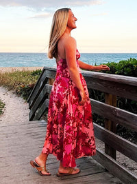 Backless Red Floral Maxi Dress