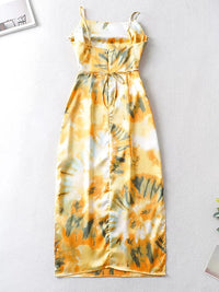 Waist Cut Out Criss Cross Tie-dyed Midi Elegant Sleeveless Beach Long Dress Sundress