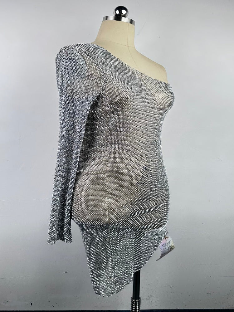 Sexy Fishnet Rhinestone Off-shoulder Dress