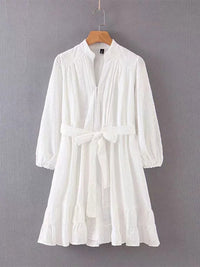 White Cotton Lantern Sleeve Embroidered Summer Dress