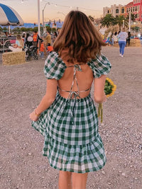 Gingham Puff Sleeve Plaid Short Dress