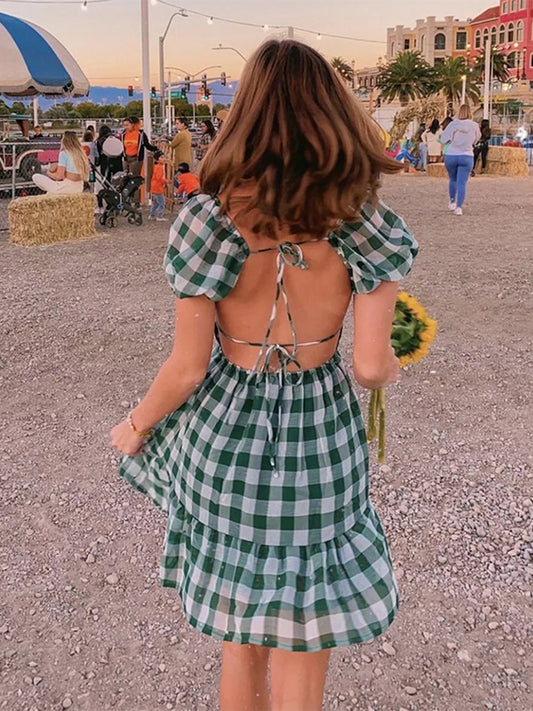 Lace Up Backless Gingham Chiffon Summer Dress Vintage A-line Puff Sleeve Plaid Short Dress Chic Blue Holiday Dress