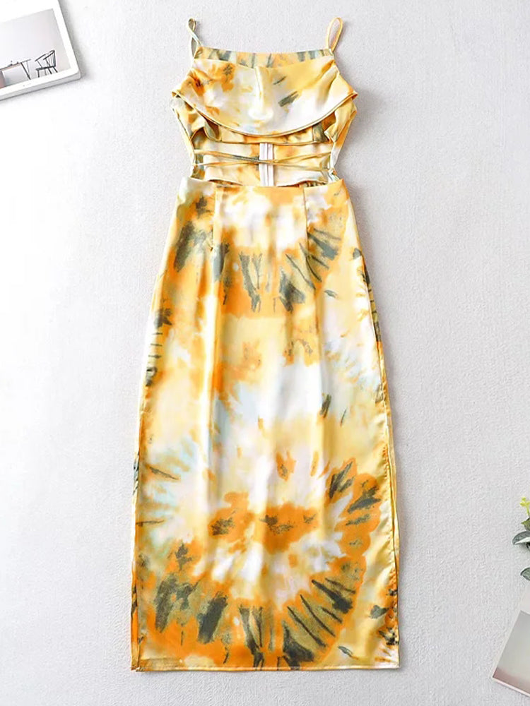 Waist Cut Out Criss Cross Tie-dyed Midi Elegant Sleeveless Beach Long Dress Sundress