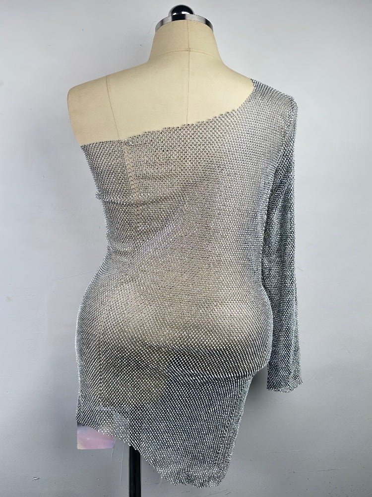 Sexy Fishnet Rhinestone Off-shoulder Dress