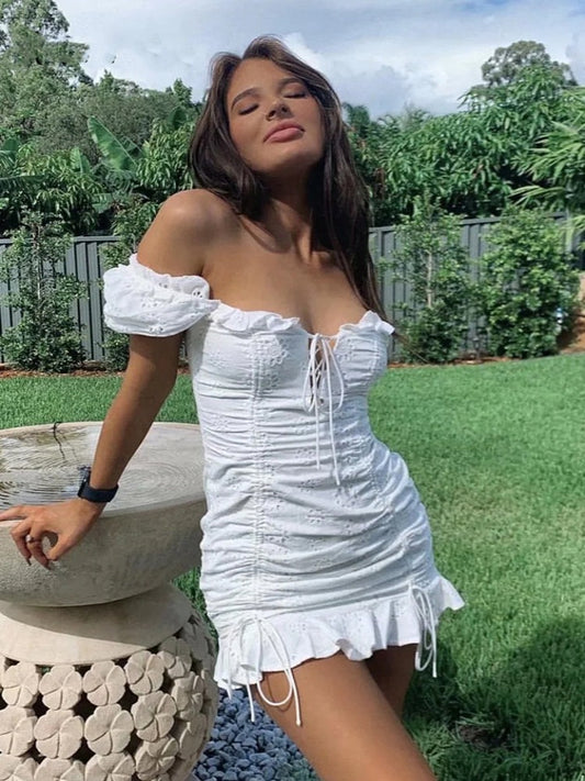 Lace up embriodery white summer dress women hollow out beach short dress puff sleeve ruffle ruched bodycon mini dress dresses