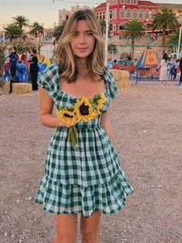 Lace Up Backless Gingham Chiffon Zomerjurk Vintage A-lijn Pofmouw Geruite Korte Jurk Chique Blauwe Vakantiejurk