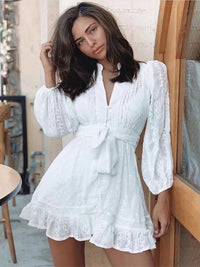 White Cotton Lantern Sleeve Embroidered Summer Dress