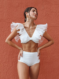 Mesh Ruffles High Waist Bikinis Sets Deep V Neck Women Swimsuit