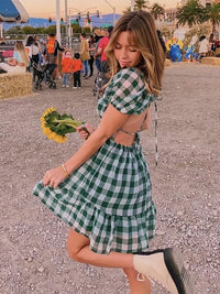 Gingham Puff Sleeve Plaid Short Dress