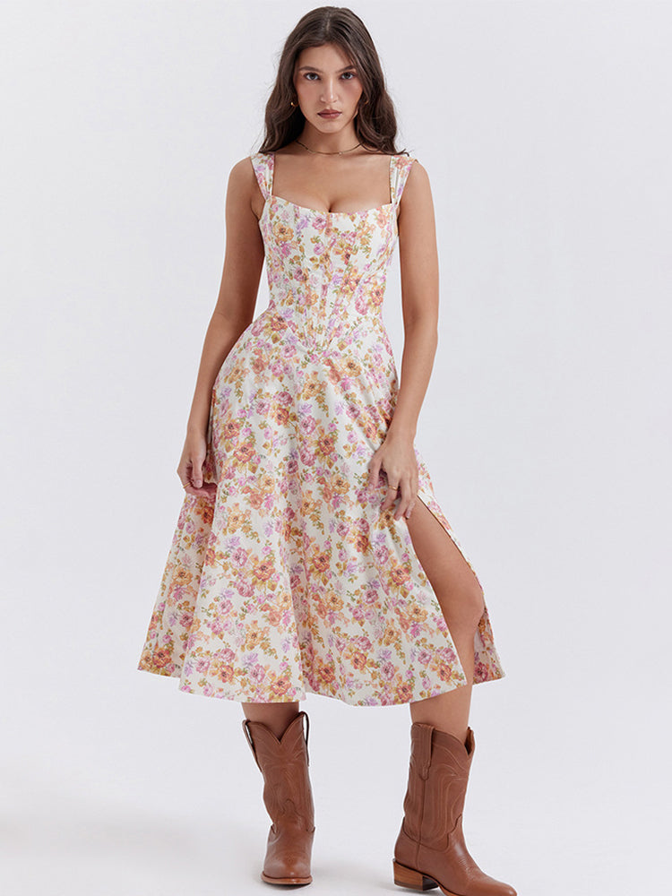 Women's Floral Print Lace-Up Midi Dress