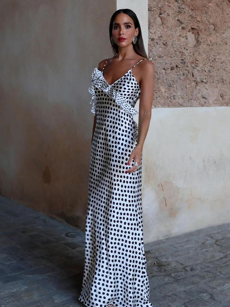 Robe d'été longue longue à pois en satin noir et blanc