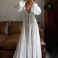 Women White Lace  Lantern Sleeve Buttons Beach Cover-ups