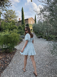 Short Puff Sleeve Mini Beach Dress in White with Floral Print