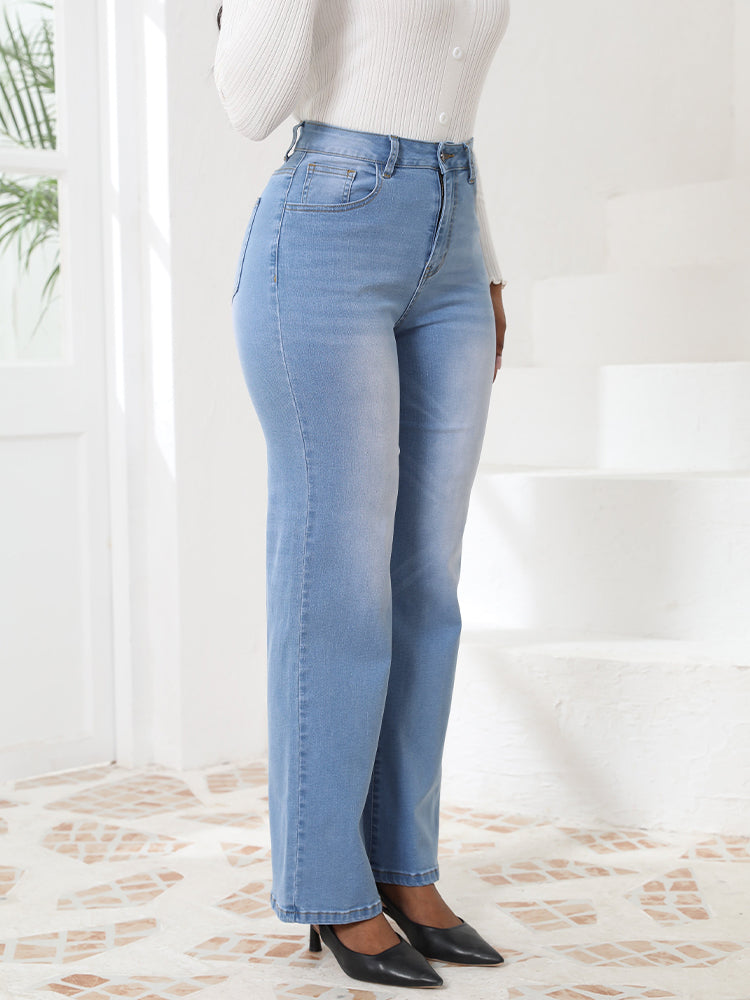 High-Waisted Vintage Washed Straight Leg Jeans