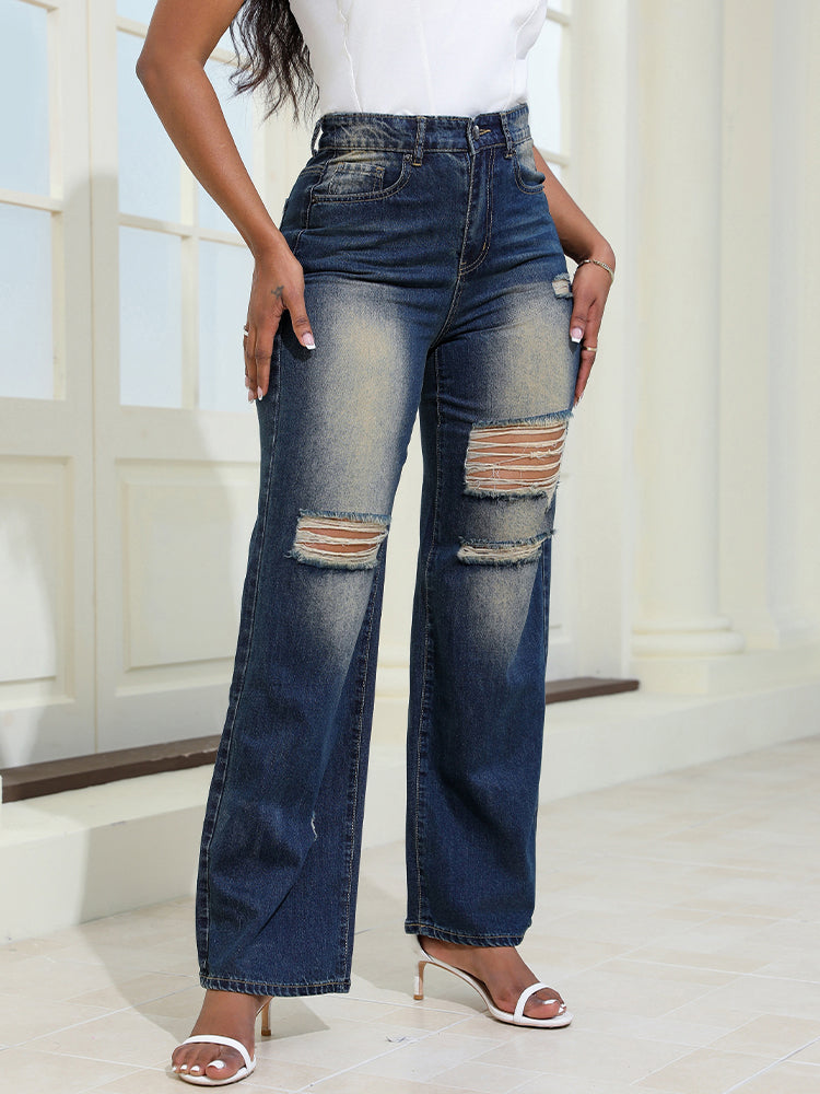 High-Waisted Wash Distressed Ripped Jeans