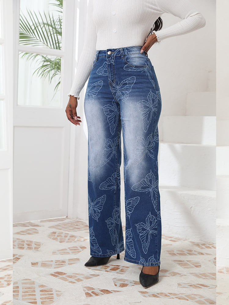 Women's High-Waisted Butterfly Print  Jeans