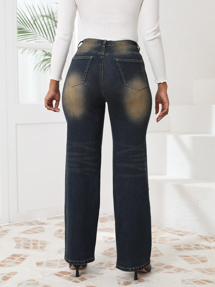 High-Waisted Vintage Washed Straight Leg Jeans