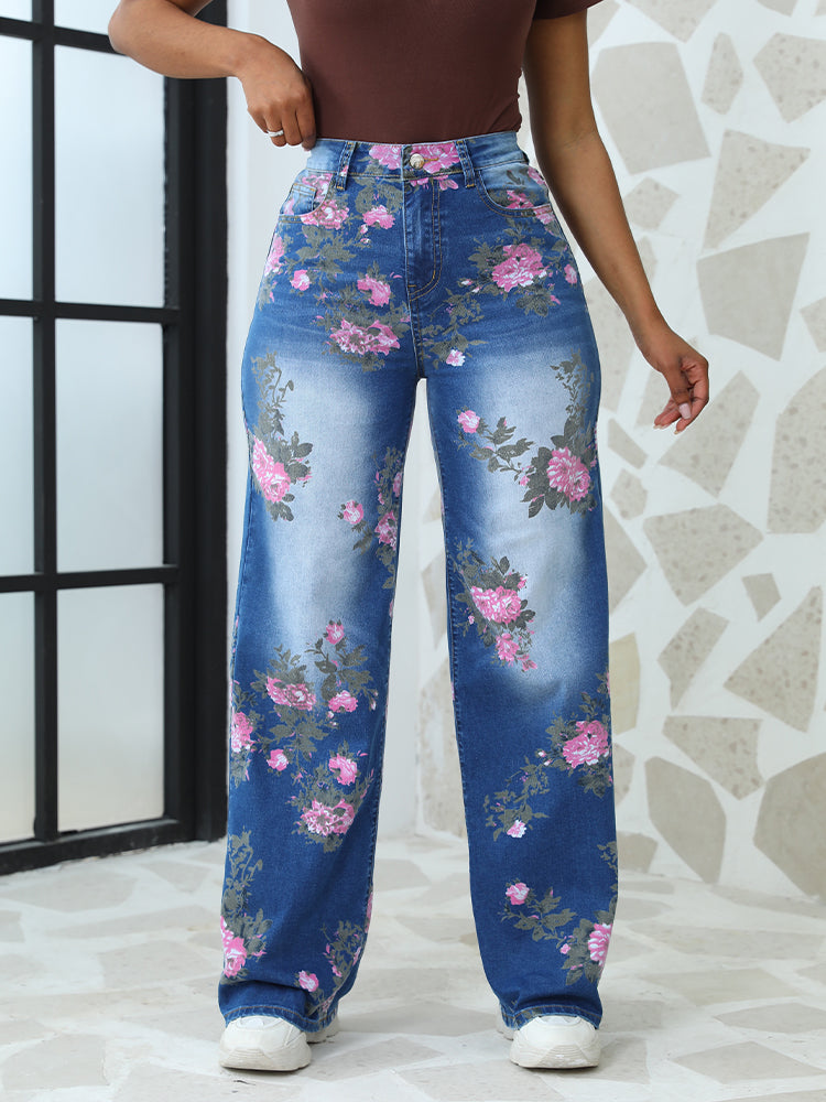 Floral Printed High-Waisted Straight Leg Jeans