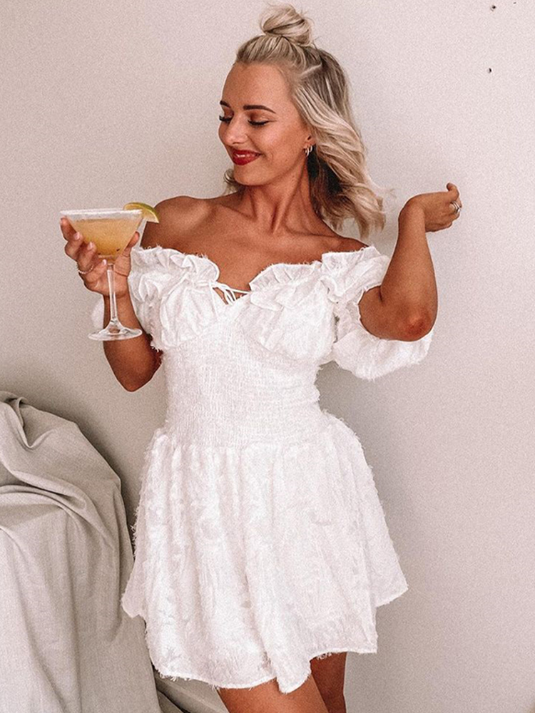 Ruffles Off Shoulder White Fluffy Dress Casual Mini Half Sleeve Summer Lace Up Elastic Feather Dress