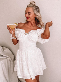 Ruffles Off Shoulder Half Sleeve White Fluffy Dress