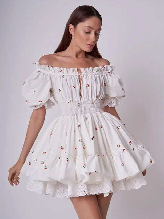 White Summer Women's Dress Strawberry Printed Vintage Short Dress
