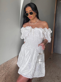 Ruffles Off Shoulder Half Sleeve White Fluffy Dress