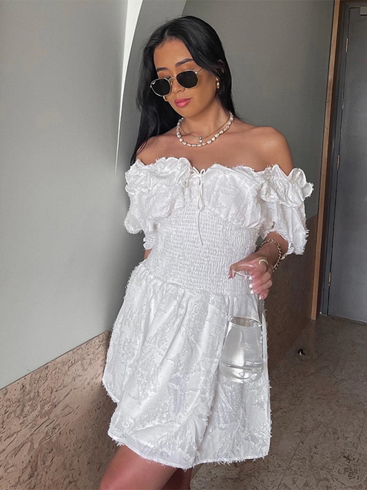 Ruffles Off Shoulder White Fluffy Dress Casual Mini Half Sleeve Summer Lace Up Elastic Feather Dress