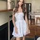 Button Bowknot Off Shoulder White Lace Mini Dress Summer