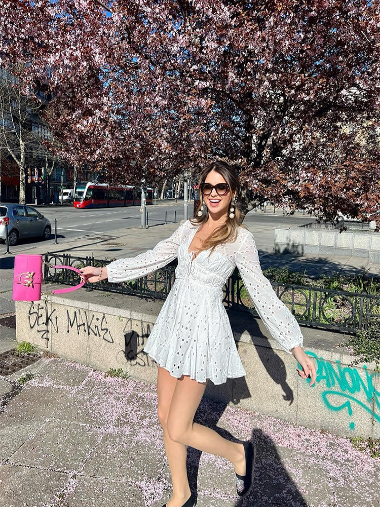 Long Sleeve Sundress in White Cotton with Lace Detailing