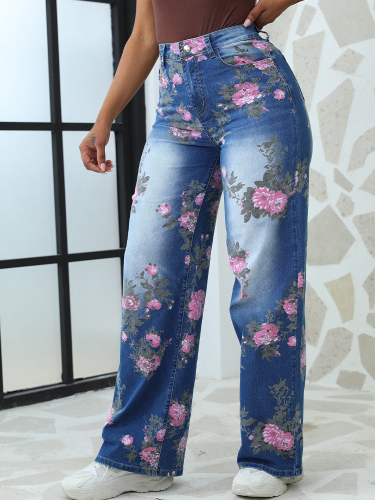 Floral Printed High-Waisted Straight Leg Jeans