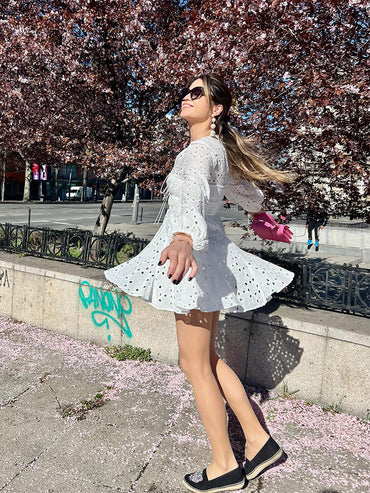 Long Sleeve Sundress in White Cotton with Lace Detailing