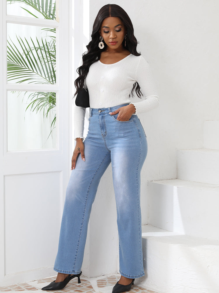 High-Waisted Vintage Washed Straight Leg Jeans