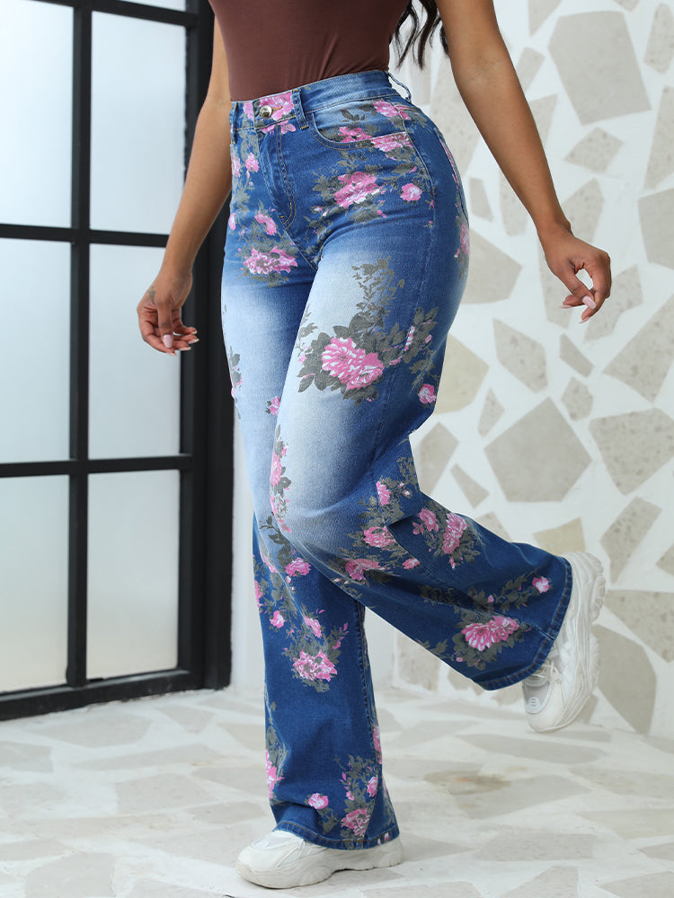 Floral Printed High-Waisted Straight Leg Jeans