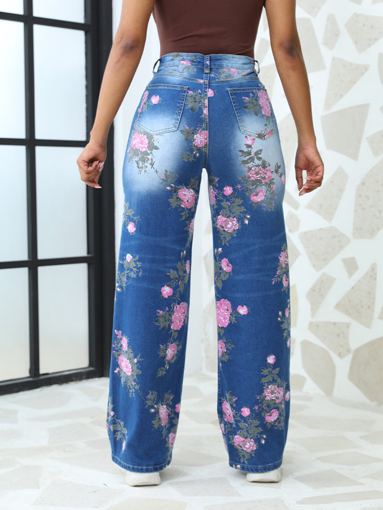 Floral Printed High-Waisted Straight Leg Jeans