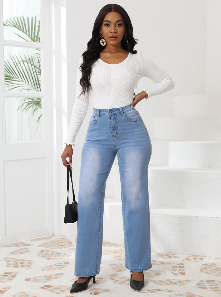 High-Waisted Vintage Washed Straight Leg Jeans