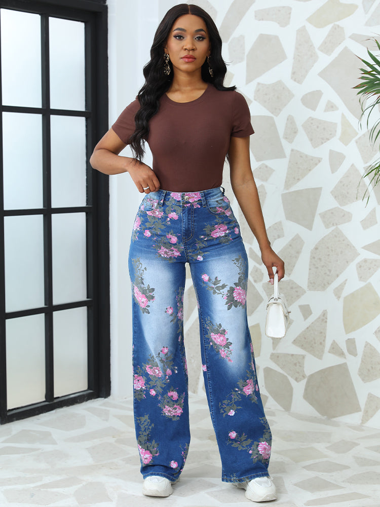 Floral Printed High-Waisted Straight Leg Jeans