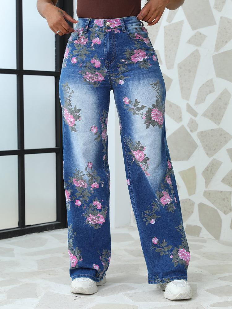 Floral Printed High-Waisted Straight Leg Jeans