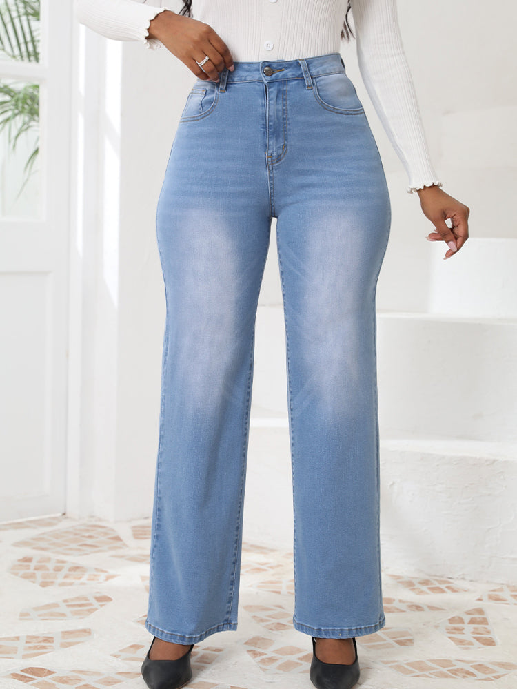 High-Waisted Vintage Washed Straight Leg Jeans