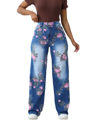 Floral Printed High-Waisted Straight Leg Jeans