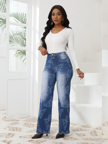 Jean taille haute imprimé papillon pour femme