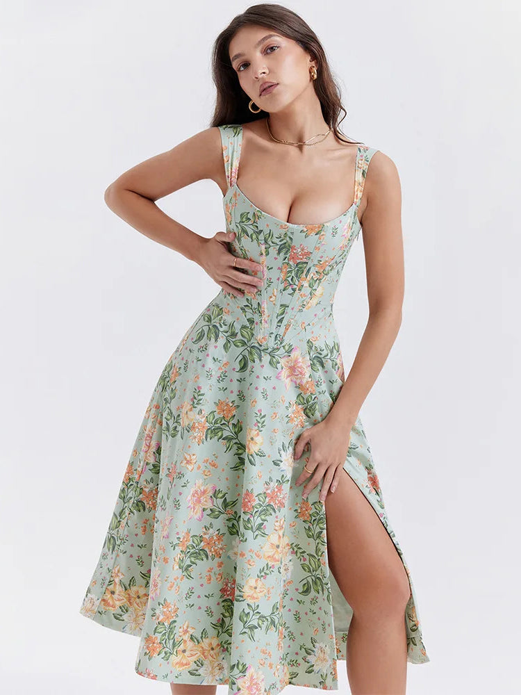 Women's Floral Print Lace-Up Midi Dress