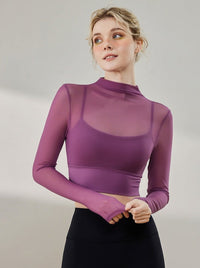 Stylish Mesh Breathable Small Round Neck Long Sleeve Crop Top